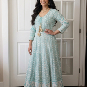 Green with white thread work Anarkali top