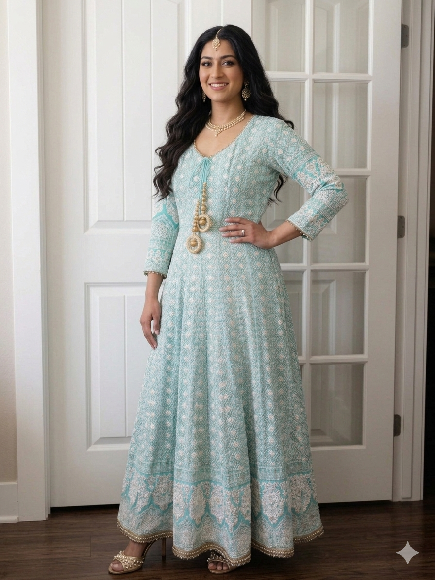 Green with white thread work Anarkali top